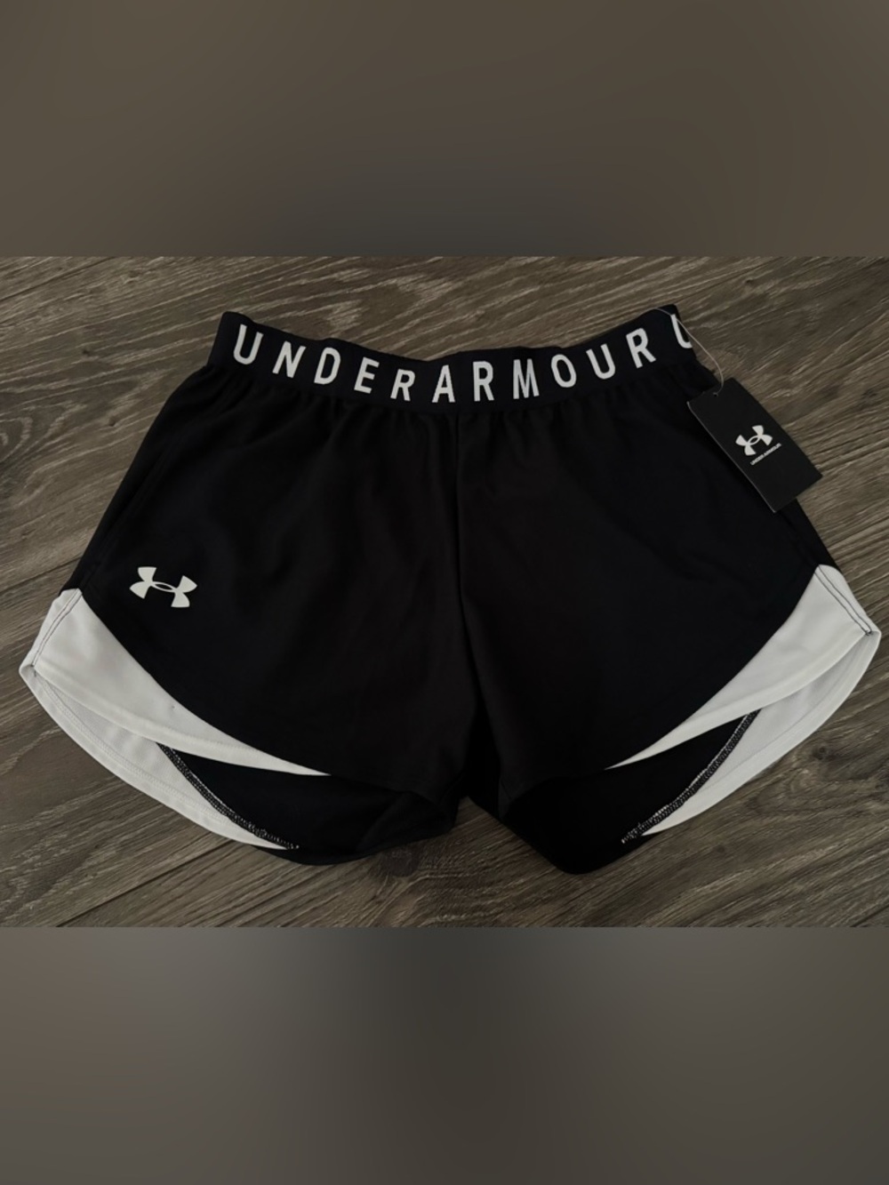 New Women’s Under Armour Black Athletic Shorts with White Logo Waistband